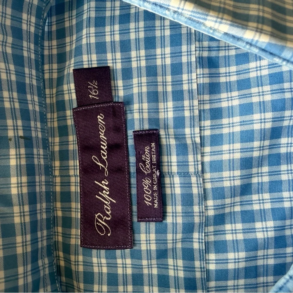 PURPLE LABEL Ralph Lauren Blue Checked Button-Down Shirt - Men's 16.5 - Picture 5 of 6